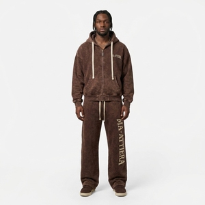 Custom Men <b>Brown</b> Acid Wash Zip Up Hoodie <b>Jogger</b> Set Cotton Fleece Streetwear Tracksuit OEM Wholesale - Product Image 1