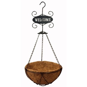 Pot de fleurs suspendu rustique avec doublure en fibre de coco et panneau de bienvenue pour une utilisation en extérieur et en intérieur - Product Image 3