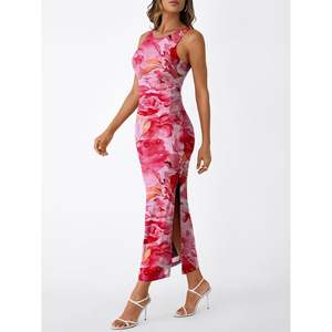 Robe longue moulante Queen Size pour femme FOXA robe de club de soirée ajustée à imprimé floral avec manches froncées fente latérale sans manches - Product Image 1