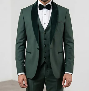 Traje de esmoquin verde oscuro para hombre, estilo británico, de un solo botón, con solapa con muescas, chaleco y pajarita, de tela de lana elástica - Product Image 3
