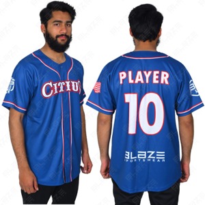 เสื้อเบสบอล Blaze Citrus สำหรับผู้ชาย คอวี แขนสั้น ผ้าตาข่ายระบายความชื้น รุ่น Player 10 พิมพ์ลายสกรีน สีน้ำเงิน - Product Image 3