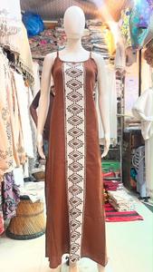Women Casual <b>Summer</b> Maroon Long <b>Maxi</b> <b>Dress</b> with Black <b>White</b> Geometric Tribal Print Lace Center Panel Spaghetti Strap Boho - Product Image 3