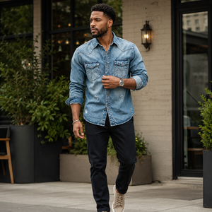 Chemise en jean de coton à manches longues pour homme, qualité supérieure, fabriquée en usine, respirante, écologique, infroissable, style formel/décontracté, toutes tailles - Product Image 3