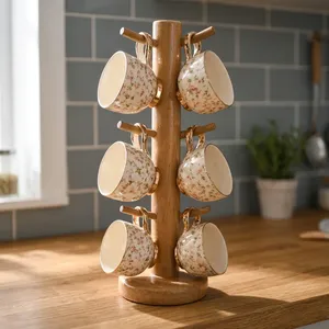 Wooden Cup <b>Stand</b> & Cup <b>Holder</b> Mango Wood <b>Mug</b> Tree with 6 Metal Hooks Sturdy Heavy Round Base Tea Coffee Cup Organizer - Product Image 5
