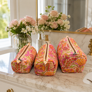 Premium Pink Orange Floral 3 Piece Quilted <b>Makeup</b> Pouch Set Cotton Cosmetic Bags for Women Travel Toiletry <b>Organizer</b> Gift Set - Product Image 4