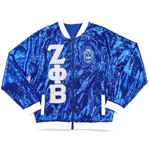 Chaqueta Bomber Azul Rey con Lentejuelas Zeta Phi Beta para Mujer, Chaqueta de Sororidad con Letras Griegas Brillantes y Cremallera, Prenda Exterior Elegante - Product Image 1