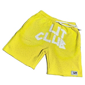 Pantalones cortos de verano personalizados con diamantes de imitación y cordón para el sudor, pantalones cortos lavados con ácido y bordado desgastado Vintage para correr en blanco - Product Image 1
