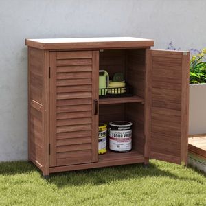 Outdoor Patio Garden Furniture Potting <b>Bench</b> with Storage Cabinet <b>Metal</b> Table Top Wood Workstation 31x17x36 Coffee 31x17x36 - Product Image 1