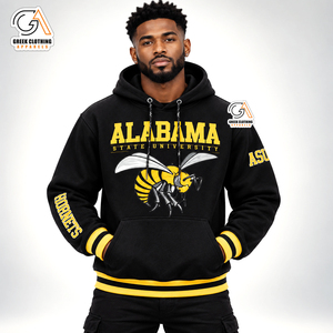 เสื้อฮู้ดสีดำ Alabama State University Hornets สำหรับผู้ชาย ผ้าฟลีซลำลอง พิมพ์ลายโลโก้ผึ้งสีเหลืองด้านหน้า ทรงปกติ ใส่ได้ในฤดูใบไม้ร่วง - Product Image 4