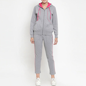 Women Gray Hooded <b>Tracksuit</b> With Pink Trim Full Zip Casual Sweatshirt And Pants Set Breathable Cotton Autumn Wear - Product Image 1