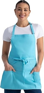 Delantal de poliéster tejido azul claro con bolsillos y cierre de lazo para mujer, uniforme para camareros de restaurante y bar - Product Image 4