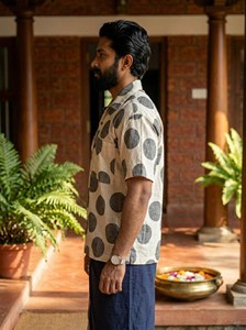 Artisan Handcrafted Men’s <b>Half</b> Sleeve Cotton <b>Shirt</b> with Bold Charcoal Grey Polka Dot Print Ethical Fashion for Modern Men - Product Image 2