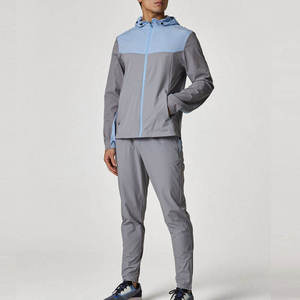 Ensemble de jogging sportif pour homme, coupe-vent à capuche 2 en 1, manches longues, séchage rapide, hiver, gris bleu, 100% coton, coupe classique - Product Image 1