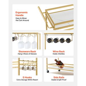Carrito de Bar Rodante Moderno de 3 Niveles, Estación de Servicio de Madera MDF con Ruedas, Carrito de Bebidas Móvil para Cocina - Product Image 4