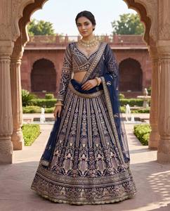 Élégant Lehenga Choli bleu marine en faux georgette, longueur ras du sol, broderie dorée, infroissable, séchage rapide, pour mariage indien pakistanais - Product Image 5