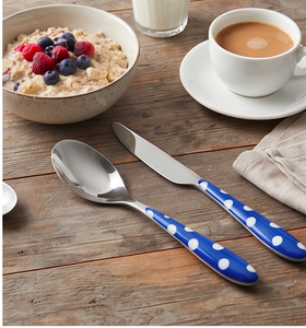 Juego de cubiertos de acero inoxidable con mangos azules con lunares, aptos para lavavajillas, para fiestas y uso doméstico. - Product Image 6