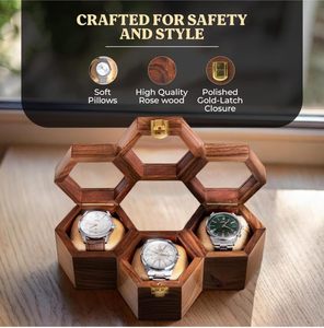 Boîte de rangement et de présentation de montres hexagonale en bois poli avec nœud en ruban doré, emballage cadeau pour montres-bracelets pour hommes - Product Image 1