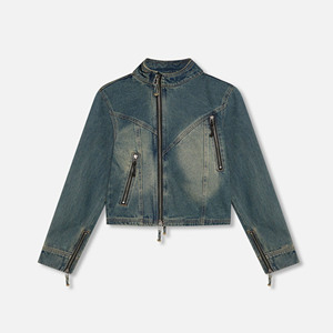 Women's <b>Cropped</b> <b>Denim</b> <b>Jacket</b> Moto Style High Neck Front Back Zipper Style Light Stonewashed Blue Skinny Fit Autumn Outerwear - Product Image 5