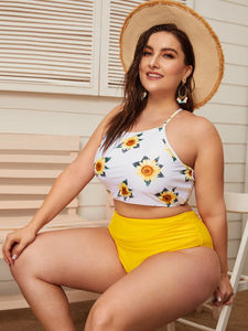 Women's Yellow Bikini Set <b>Crossed</b> Halter <b>Top</b> High Waist Bottom Contrast Binding Spandex Polyester Stretch Eco-Friendly Quick Dry - Product Image 1