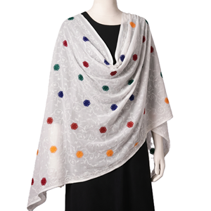 Châle en voile de polyester blanc brodé avec motif à pois colorés pour femmes, écharpe légère et respirante pour usage quotidien ethnique - Product Image 1
