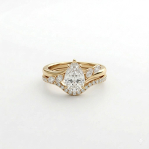 Ensemble de bagues de mariage en or jaune 14 carats avec diamant de laboratoire en forme de feuille de vigne, bague de fiançailles en diamant poire et bague d'accentuation marquise - Product Image 6