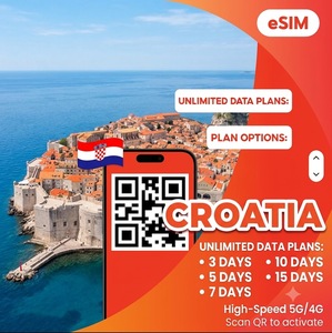 Tarjeta SIM digital ilimitada para Croacia, plan de datos de viaje 4G/5G, 3 días, 5 días, 7 días, 10 días, 15 días, entrega instantánea por código QR - Product Image 1