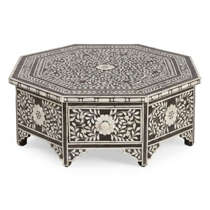 Mesa de Centro Artesanal de Madera con Incrustaciones de Hueso en Blanco y Negro, con 2 Cajones de Almacenamiento, Diseño Floral Premium, Artesanía India - Product Image 4