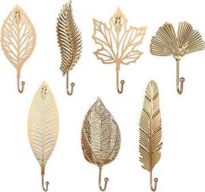 Leaf Shape Metal Wall <b>Hook</b> Set Of 7 Gold Tone <b>Plant</b> Pattern Rustic Style <b>Hooks</b> For Clothing Storage - Product Image 1