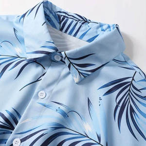Men's Summer Casual Short Sleeve Shirt Set With Palm Print And <b>Light</b> Blue Shorts Breathable Polyester Fabric - Product Image 3