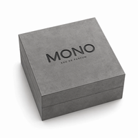 Boîte à parfum de style industriel minimaliste, en carton texturé gris béton, doublée d'éponge, personnalisée, noire, gaufrée, portable
