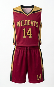 Conjunto de Camiseta de Baloncesto Wildcats para Hombre, Color Granate y Dorado, Sublimado, de Secado Rápido, Corte Atlético, Sin Mangas, Cuello en V, Pantalones Cortos con Cordón Ajustable - Product Image 2