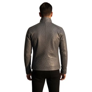 Veste en cuir de vachette véritable pour homme, style Cafe Racer, col montant, effet d'autruche, couleur gris chaud, personnalisation disponible - Product Image 2