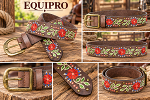 Ceinture en cuir véritable brodée Equipro, motif rayé, boucle carrée en alliage, robuste, style bohème décontracté - Product Image 3