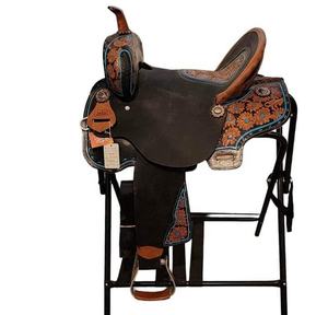 Selle en cuir Western floral turquoise au meilleur prix pour l'équitation et les courses de barils pour les chevaux de style occidental - Product Image 1
