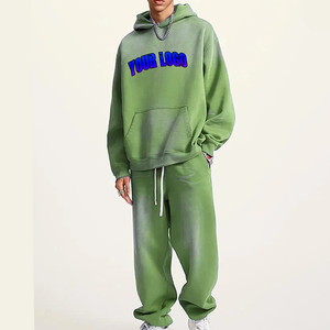 Conjunto Deportivo Personalizado Estilo Streetwear, Lavado Ácido, Vintage, Sudadera con Parches y Pantalones Deportivos para Hombre - Product Image 1