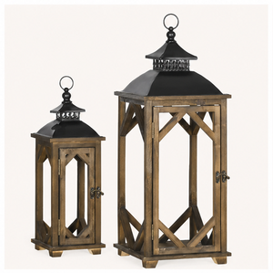 Set of 2 <b>Large</b> Rustic Wooden <b>Lanterns</b> with Metal Top Decorative Farmhouse <b>Floor</b> Candle Holders for Home Wedding and Outdoor - Product Image 1