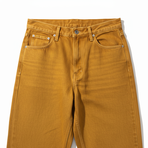 Pantalon en toile pour homme, taille haute, coupe droite, jaune moutarde, style décontracté, fermeture boutonnée, tissu en coton mi-lourd, idéal pour l'automne - Product Image 2