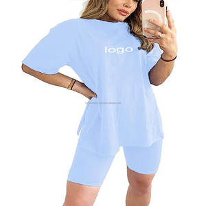 Custom Plain Cotton T Shirt Match With Tight Shorts Two Piece Outfits Summer Biker Shorts <b>Set</b> for Women - Product Image 5