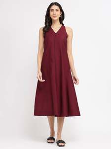Vestido midi sin mangas con cuello en V, línea A, color sólido, ajuste holgado, informal, de poliéster tejido, vestido elegante para mujer. - Product Image 1