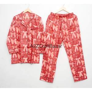 Conjunto de Pijama de Invierno para Mujer, Estampado Floral de Lujo, Manga Larga, 100% Algodón, Suave, Transpirable, de Secado Rápido, Cintura Elástica - Product Image 1