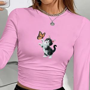 Camisa manga larga moda mujer gatito alcanzando mariposa - Product Image 3