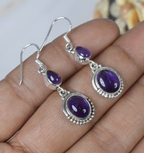 Pendientes Colgantes de Plata de Ley 925 con Doble Amatista Natural, Hechos a Mano, con Forma de Pera, Venta al por Mayor - Product Image 1