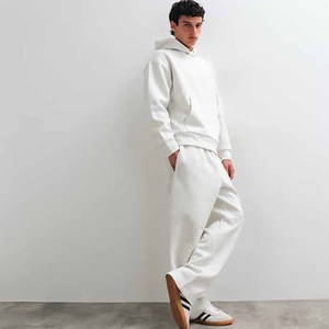 Conjunto de Sudadera con Capucha Blanca para Hombre, 100% Algodón, Corte Holgado, Chándal Informal, Color Sólido, Bolsillos Laterales, Ropa de Otoño - Product Image 6