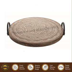 Hot Selling <b>Hand</b> Carved White <b>Wash</b> Color Round Shape Wooden Food Serving Tray <b>Set</b> of 2 Trays with Metal Handles From India - Product Image 2