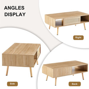 โต๊ะกาแฟหวายยุคกลางพร้อมประตูบานเลื่อนแบบสานและขาไม้จริงโต๊ะข้างเน้นเสียง - Product Image 5