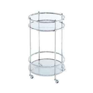 Luxury Polished Silver Round <b>Serving</b> Cart 2 Layer Metal Utility Beverage <b>Trolley</b> with Clear Tempered Glass Tiers - Product Image 2