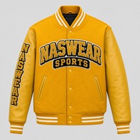 Veste varsity jaune pour homme, manches en cuir, logo brodé, style preppy, vêtement d'automne, patchs en chenille.