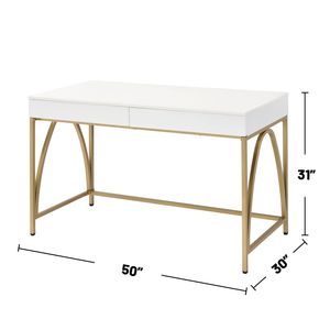 White High Gloss 2-Drawer Writing <b>Desk</b> with Gold Metal Trestle Base Stylish Office <b>Desk</b> - Product Image 3