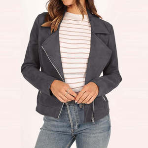Vestes en daim gris style motard pour femmes avec fermeture éclair asymétrique col à revers manches longues recadrée Moto Fit Look vintage moderne - Product Image 1