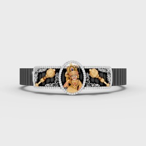 Bracelet en moissanite motif Lord Hanuman Gada, en or bicolore avec bande noire, bijou spirituel raffiné, pièce maîtresse unisexe - Product Image 1
